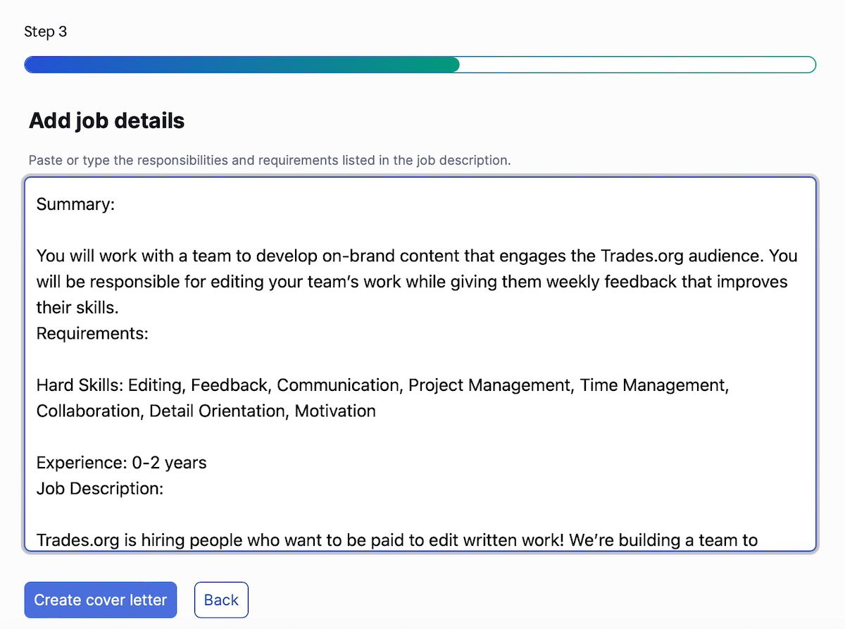 Grammarly's "paste job ad" interface.