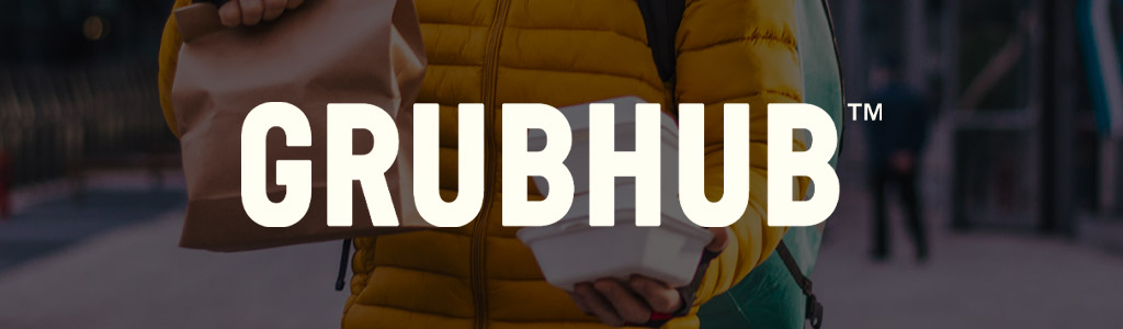 Grubhub logo against a background of a Grubhub driver making a delivery