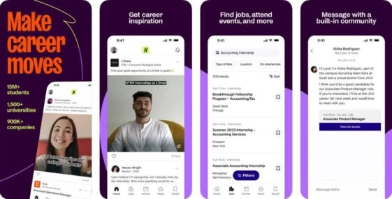 Interlocking app screenshots showing the benefits of using the Handshake job app for students