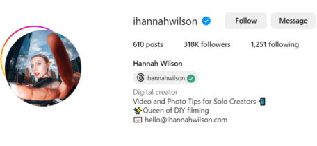 Social media content creator Hannah Wilson's Instagram account, showing 318K followers