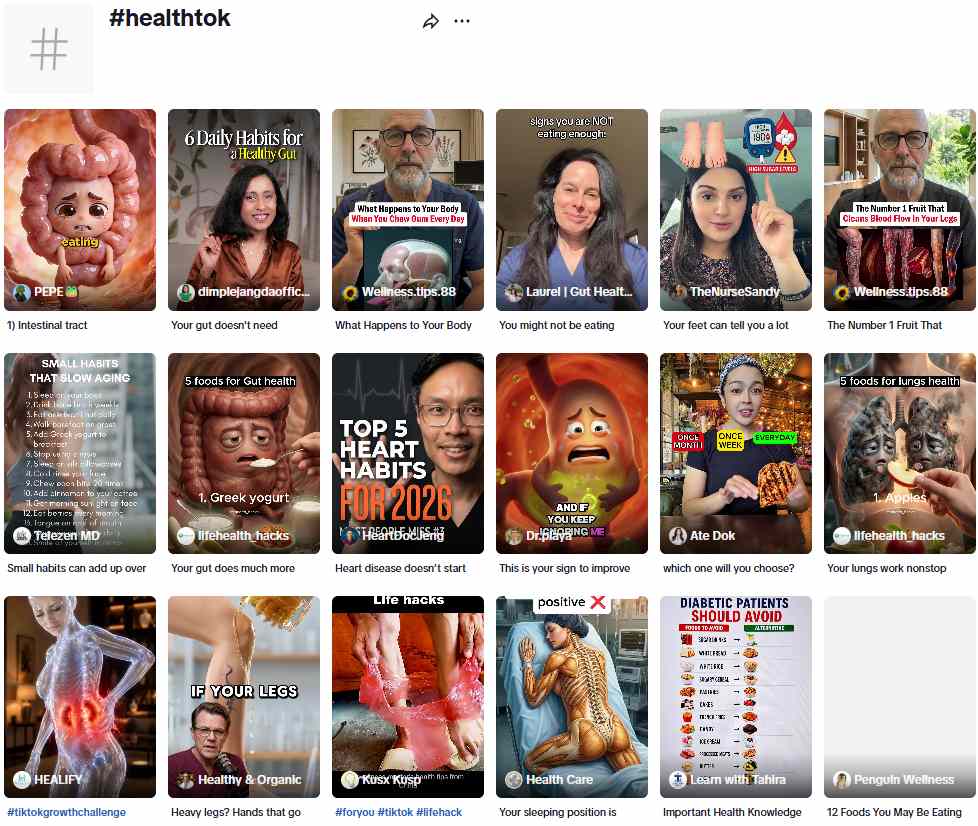 Screenshot of videos under the "healthtok" hashtag on TikTok.