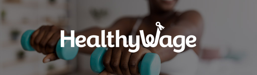 HealthyWage logo against a background of somebody exercising.