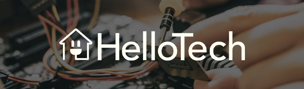 HelloTech logo against a darkened background showing someone repairing a gadget