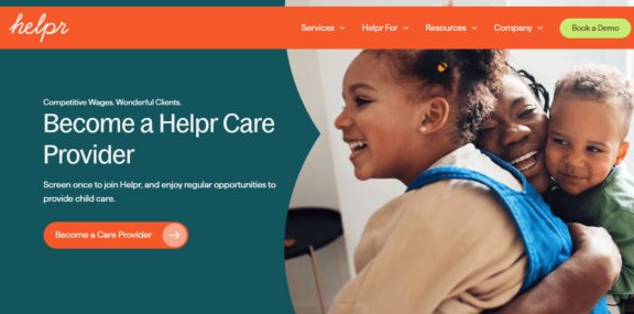 Signup page for the Helpr app, showing a Helpr caregiver with two children