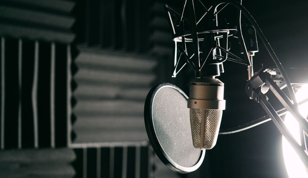 A mic setup in a freelancer's home recording studio.