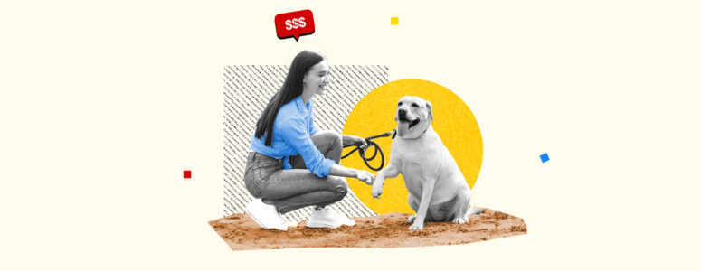Pet sitter getting paid to care for a happy, white dog
