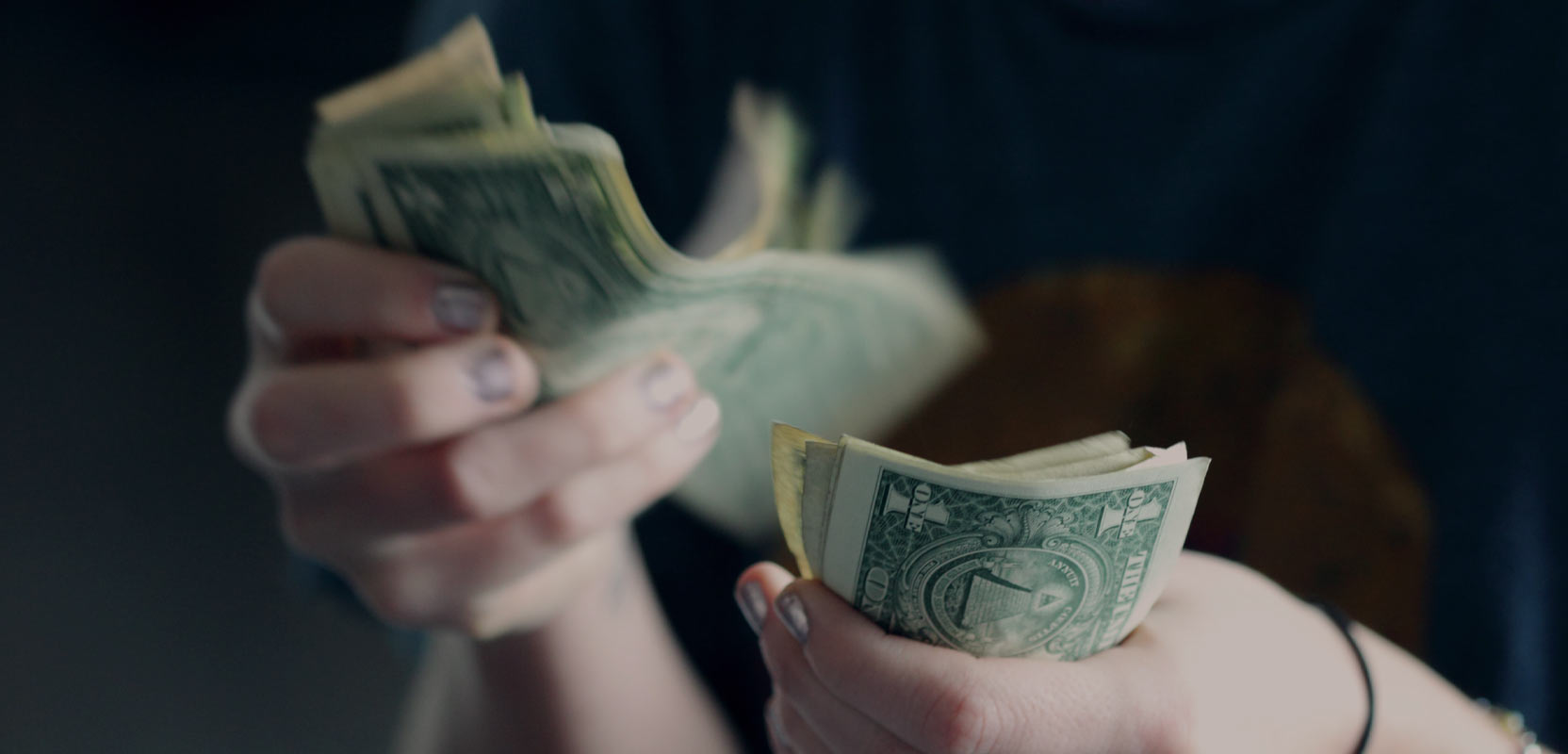 Closeup of a pet-sitter holding dollar bills