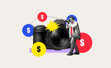 Camera surrounded by dollar signs representing how much photographers make