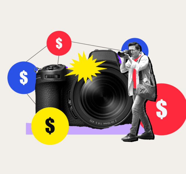 Camera surrounded by dollar signs representing how much photographers make