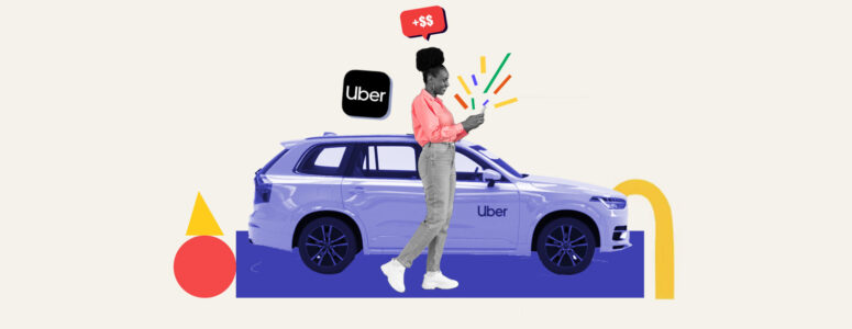 Uber driver alongside car checking how much she made