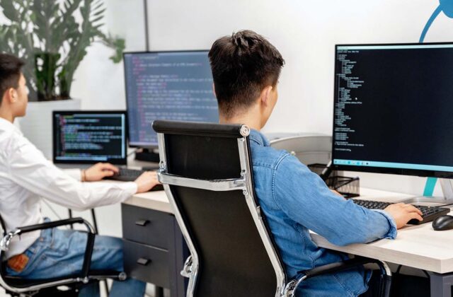 Two web designers sitting in front of large computer monitors