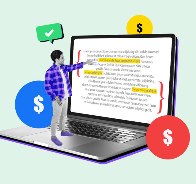 Open laptop with text being proofread, surrounded by dollar signs representing how much proofreaders make