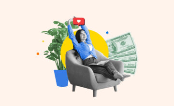 Woman sitting on a chair and stretching against a background of dollar bills representing affording to live alone