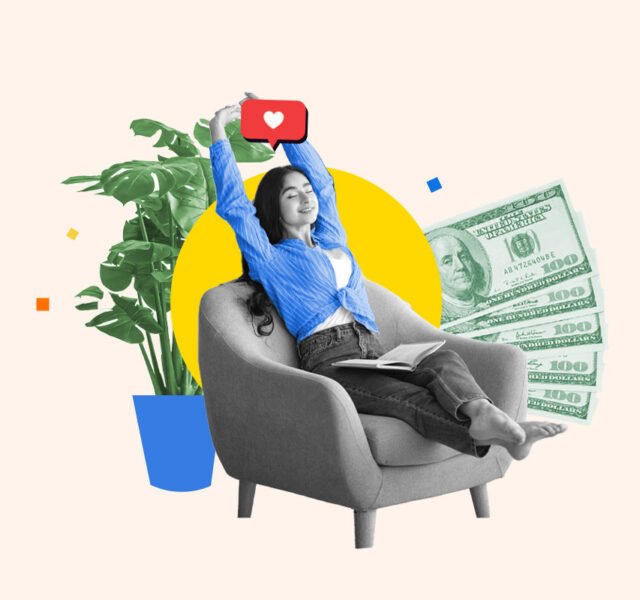 Woman sitting on a chair and stretching against a background of dollar bills representing affording to live alone