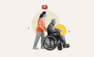 Caregiver pushing an elderly man in a wheelchair