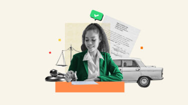 Part-time mobile notary sitting and notarizing a document with a car in the background