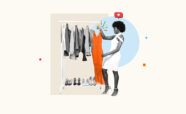 Stylish woman pulling a dress out of a closet.