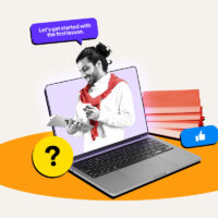 Online tutor popping out of a laptop screen