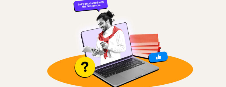 Online tutor popping out of a laptop screen