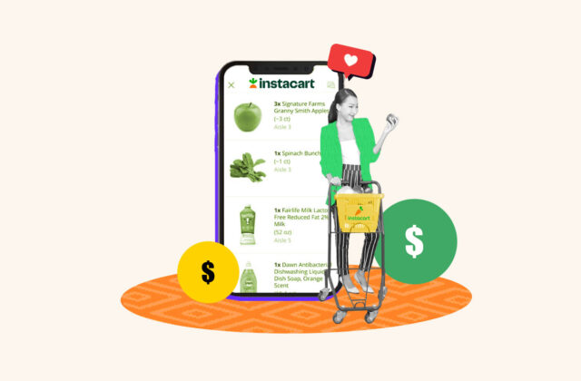 Instacart shopper standing with a shopping cart next to a phone showing the app
