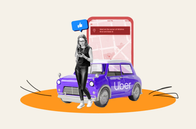 Woman standing in front of an Uber-branded car and a background showing the Uber app on a phone.