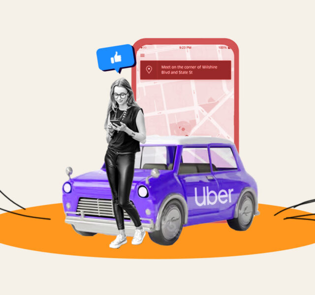 Woman standing in front of an Uber-branded car and a background showing the Uber app on a phone.