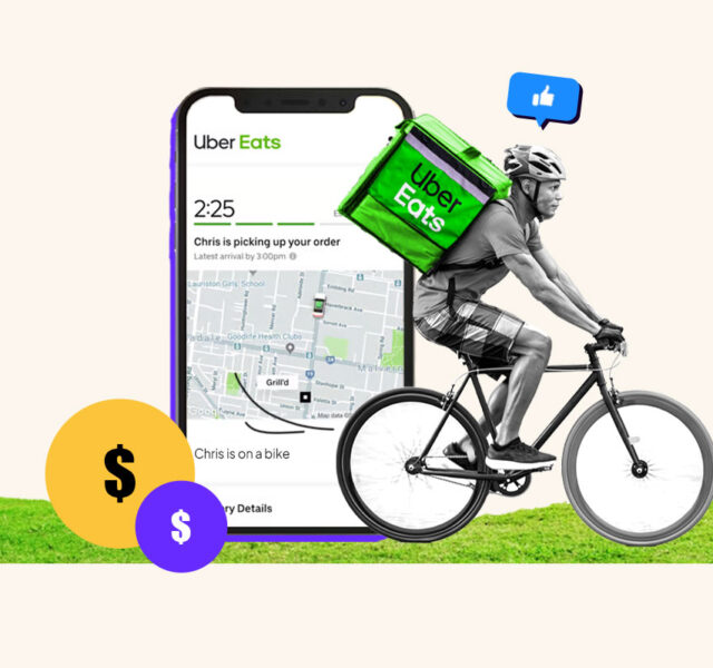 Uber Eats delivery person on bicycle next to an oversized phone with an order on the screen