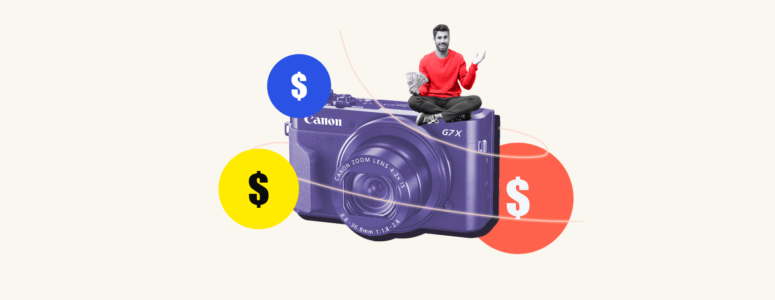 New photographer sitting on oversized camera decorated with money signs