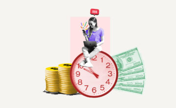 Woman sitting on top of a clock surrounded by money.