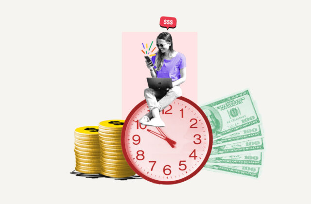 Woman sitting on top of a clock surrounded by money.