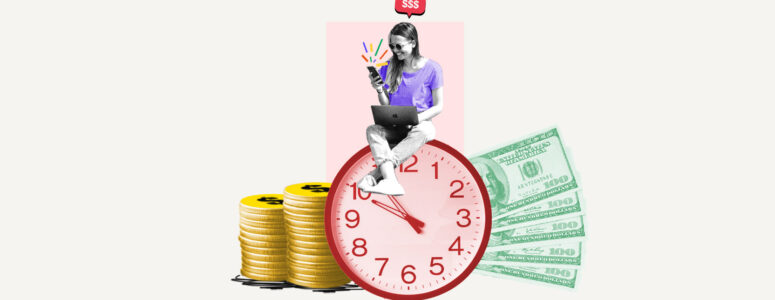 Side hustler sitting on top of a clock surrounded by money earned in just 1 hour