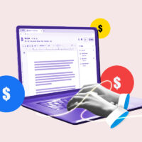 Laptop with an open document surrounded by dollar signs representing making money through writing