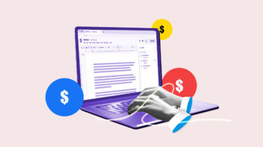 Laptop with an open document surrounded by dollar signs representing making money through writing