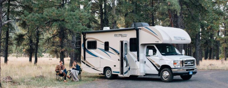 Recreational vehicle and two guests at an independently run RV park