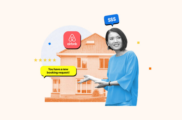 Woman gesturing to the Airbnb she just opened for her side hustle