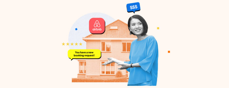 Woman gesturing to the Airbnb she just opened for her side hustle