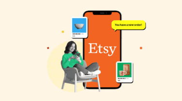 Woman sitting on a chair next to a phone showing the Etsy app, surrounded by various listings