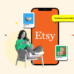 Woman sitting on a chair next to a phone showing the Etsy app, surrounded by various listings