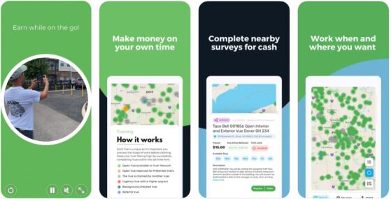 Four advertisements for the benefits of the iVueit app, including map images and job examples