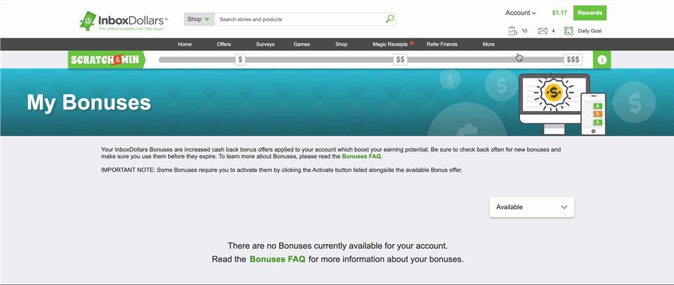 Screenshot of how to check your bonuses on InboxDollars.