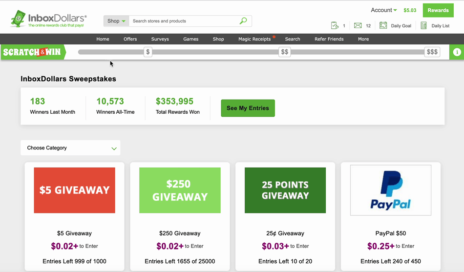 Screenshot of the Inboxdollars Sweepstakes page.