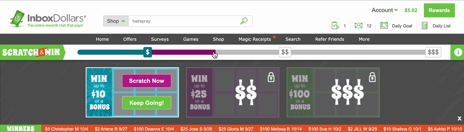 Screenshot of the InboxDollars Scratch & Win game.