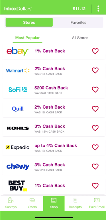 Screenshot of InboxDollars' partnered shops