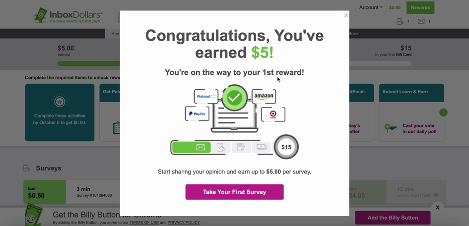 Screenshot of InboxDollars sign up bonus