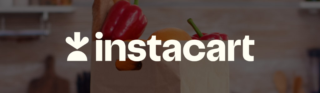 Instacart logo against a background of a grocery bag overflowing with fresh produce