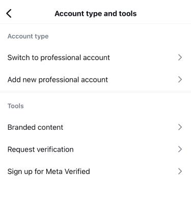 Screenshot of Instagram’s Account type and tools interface.