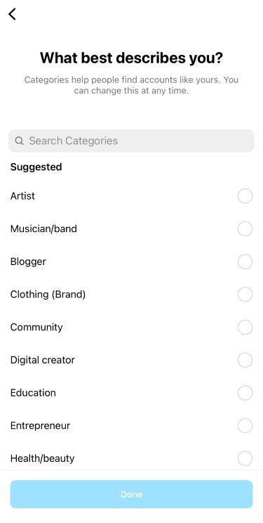 Screenshot of Instagram’s category interface.