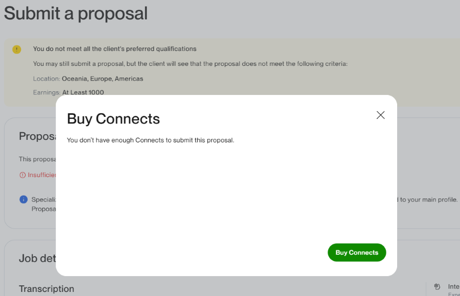 Screenshot showing a message on Upwork preventing a freelancer from applying to a job because they have insufficient Connects.