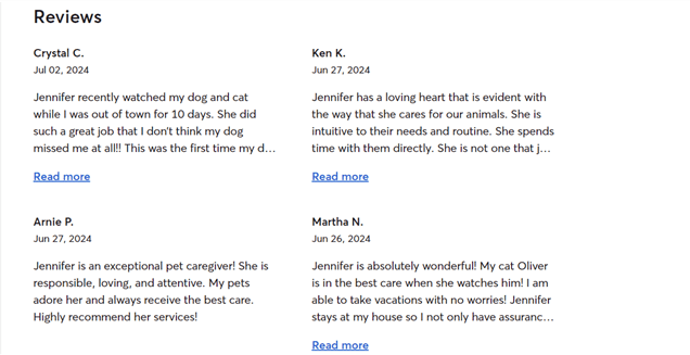 Positive reviews and testimonials from Jennifer D.'s Rover pet sitter profile