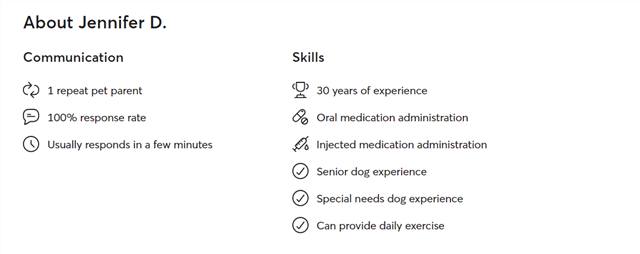 Pet sitter Jennifer D.'s bio on Rover, including response rate and pet care skills and experience